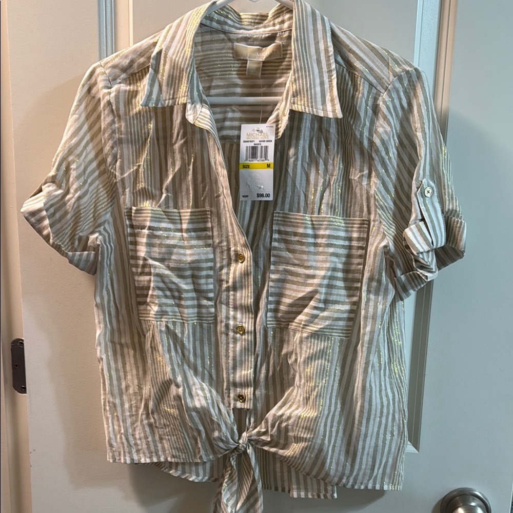 Michael Kors Striped Button-Up Tie-Front Shirt NWT